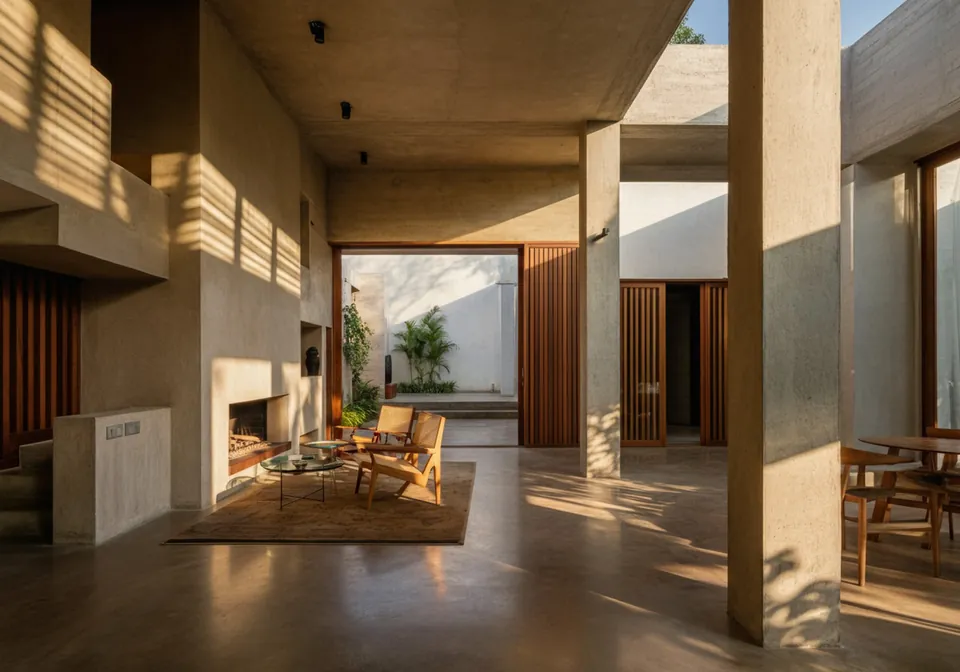 Open living area with raw grey walls, a fireplace, rug and wooden chairs leading out to a planted courtyard.