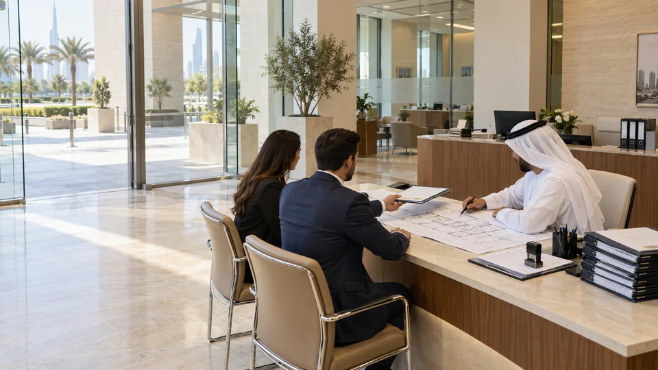 Owners reviewing floor plans with an official at an approvals office counter
