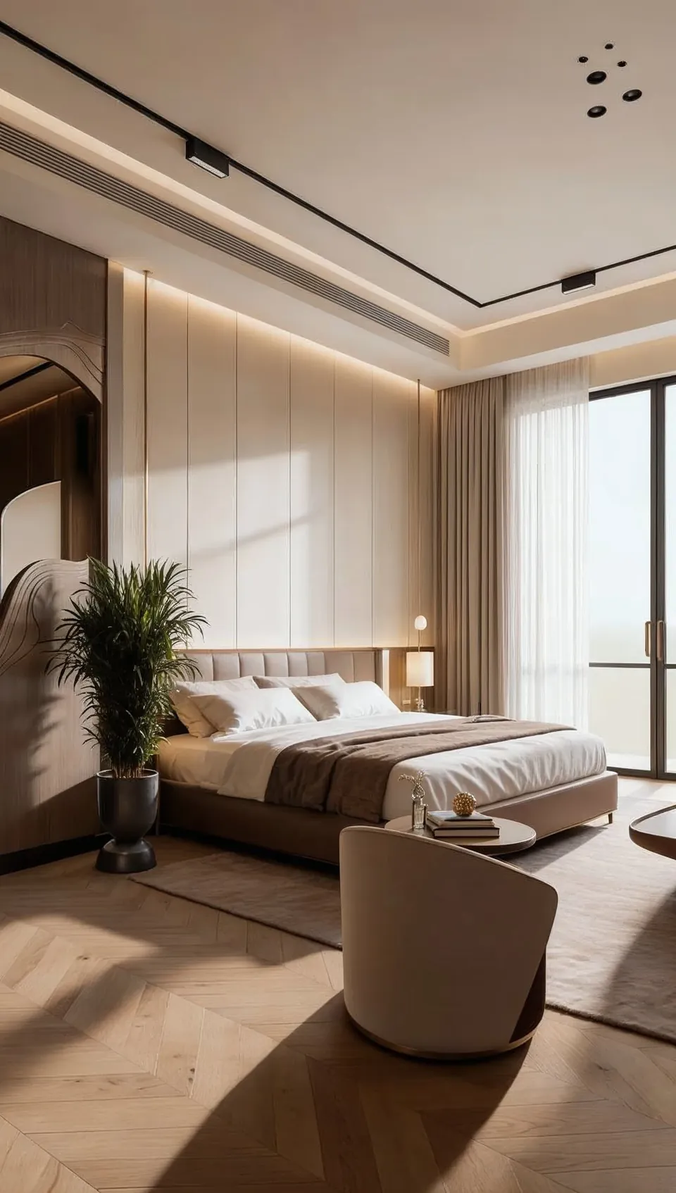 Emirates Hills Villa, Emirates Hills: bedroom with herringbone floor, cream wall panels, a potted palm and curved armchair.