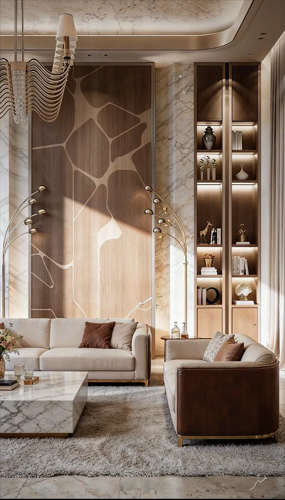 Emirates Hills Villa, Emirates Hills: living room with cream sofas, marble-look coffee table and lit shelving.