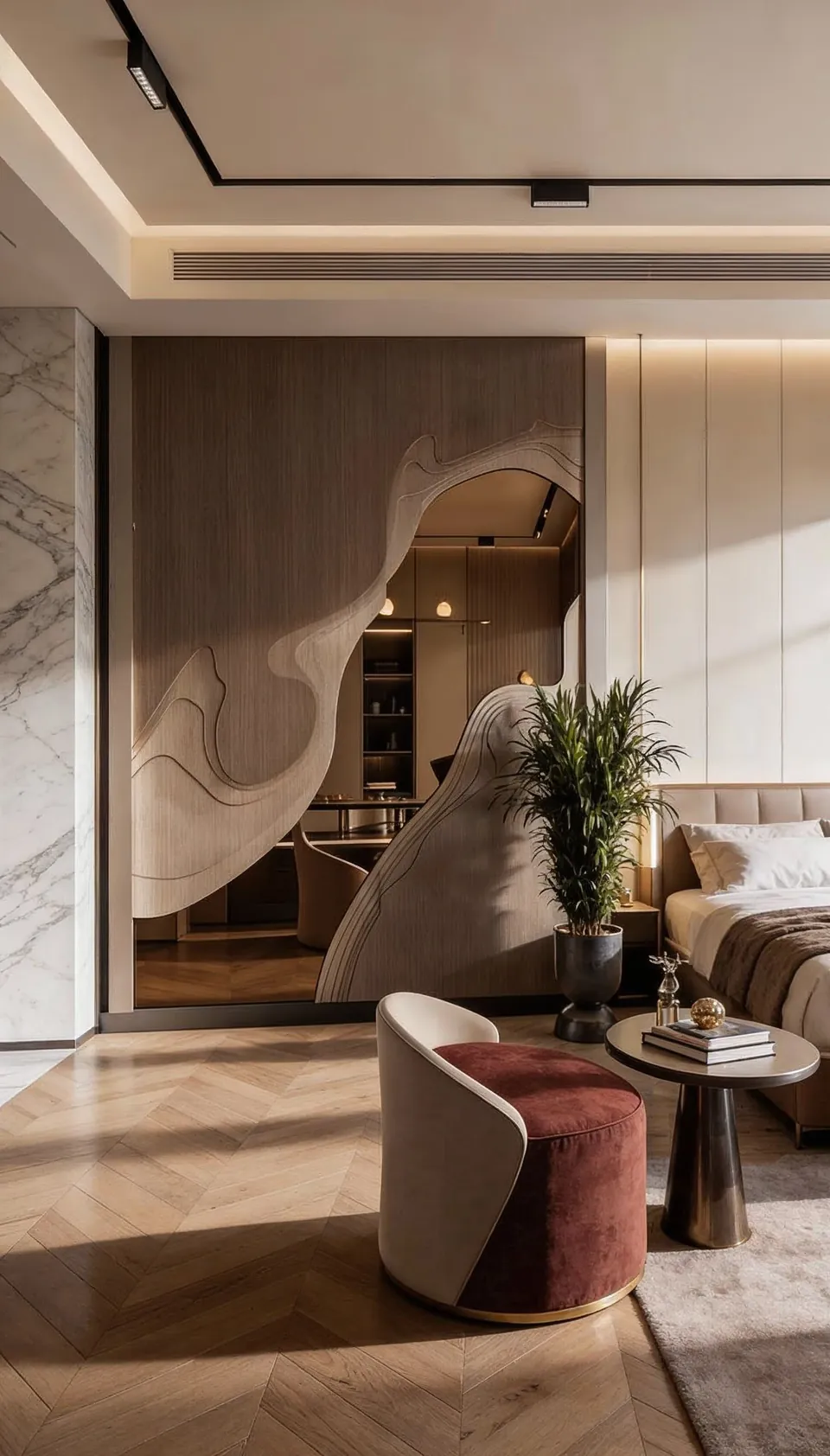 Emirates Hills Villa, Emirates Hills: bedroom suite with a sculpted wood partition, burgundy chair and herringbone floor.