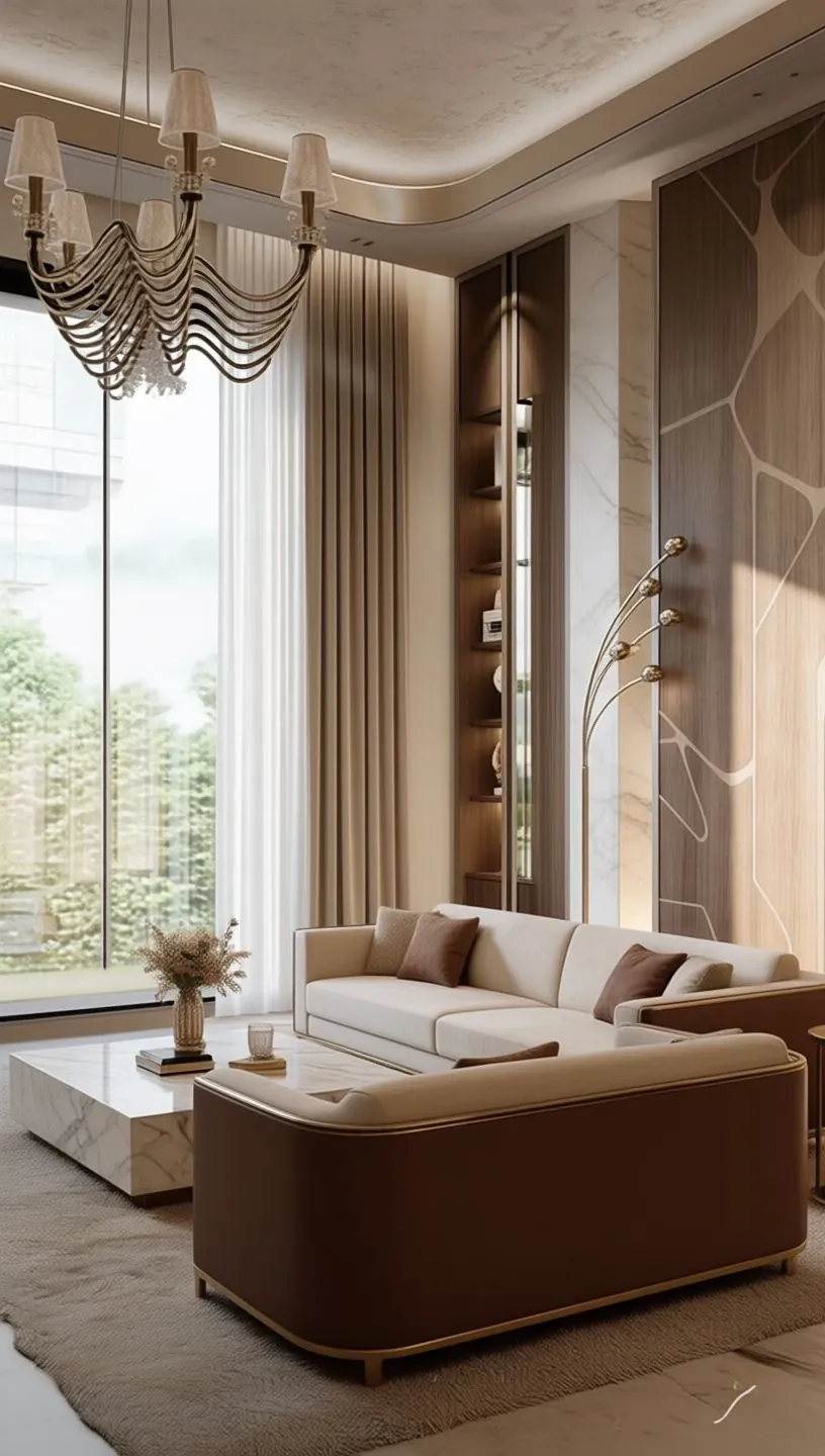 Emirates Hills Villa, Emirates Hills: living room with a wave-form chandelier, cream and brown sofas and a tall window.