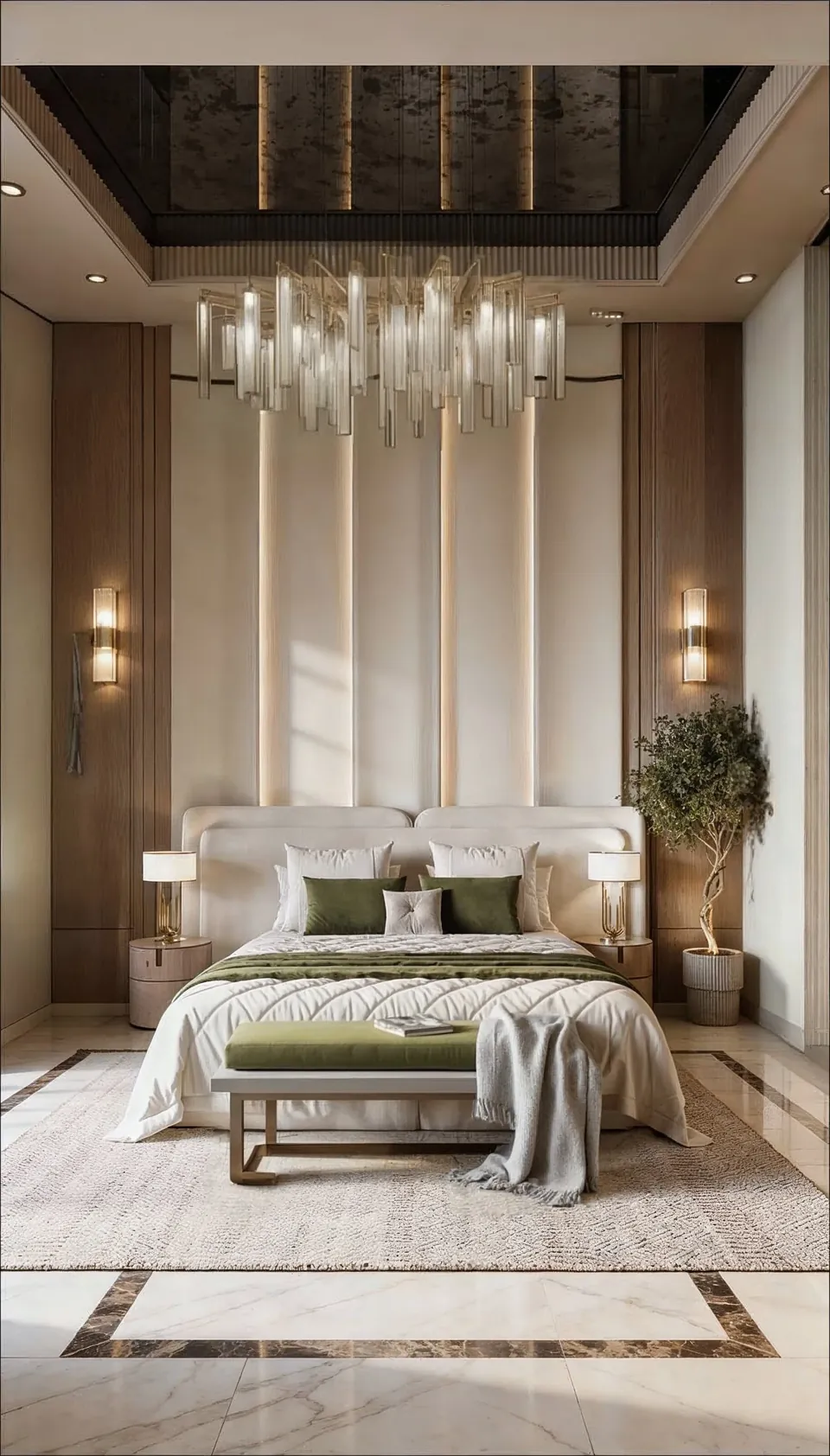 Emirates Hills Villa, Emirates Hills: symmetrical bedroom with a glass chandelier, lit wall panels and olive green accents.