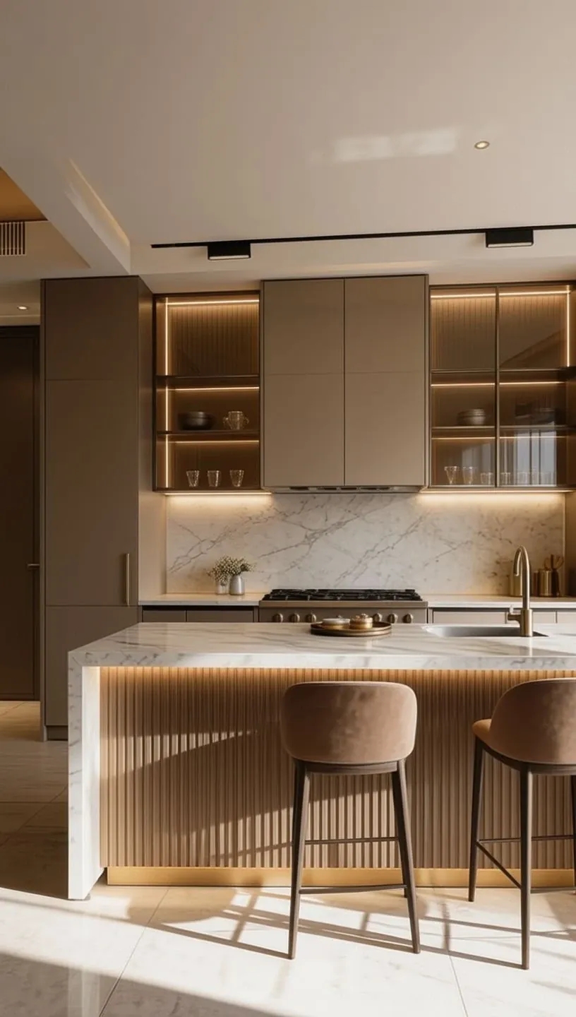 Emirates Hills Villa, Emirates Hills: kitchen with a marble-look island, fluted base, tan bar stools and lit glass cabinets.