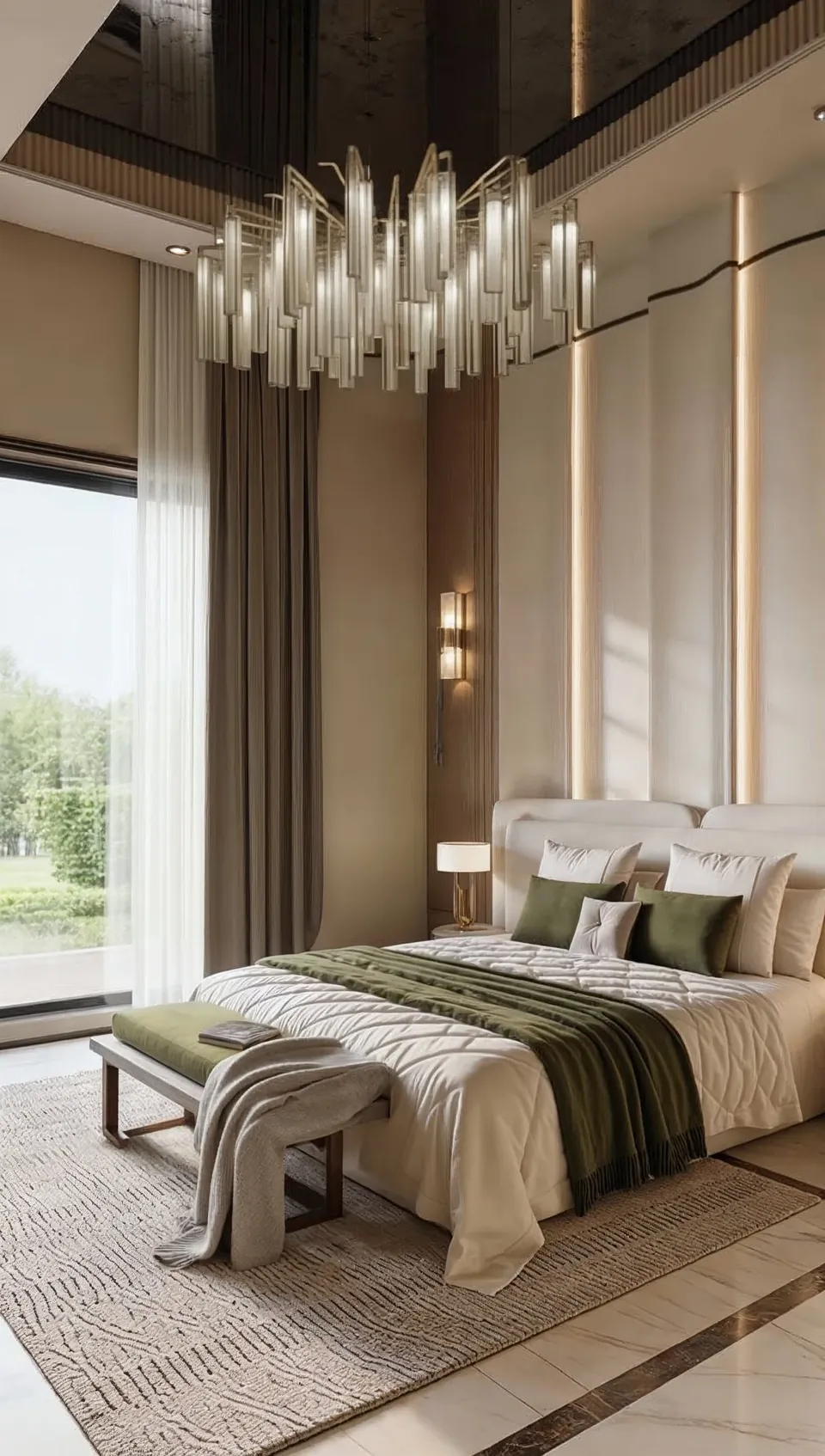 Emirates Hills Villa, Emirates Hills: bedroom with a glass chandelier, cream bed with olive green throw and a tall window.