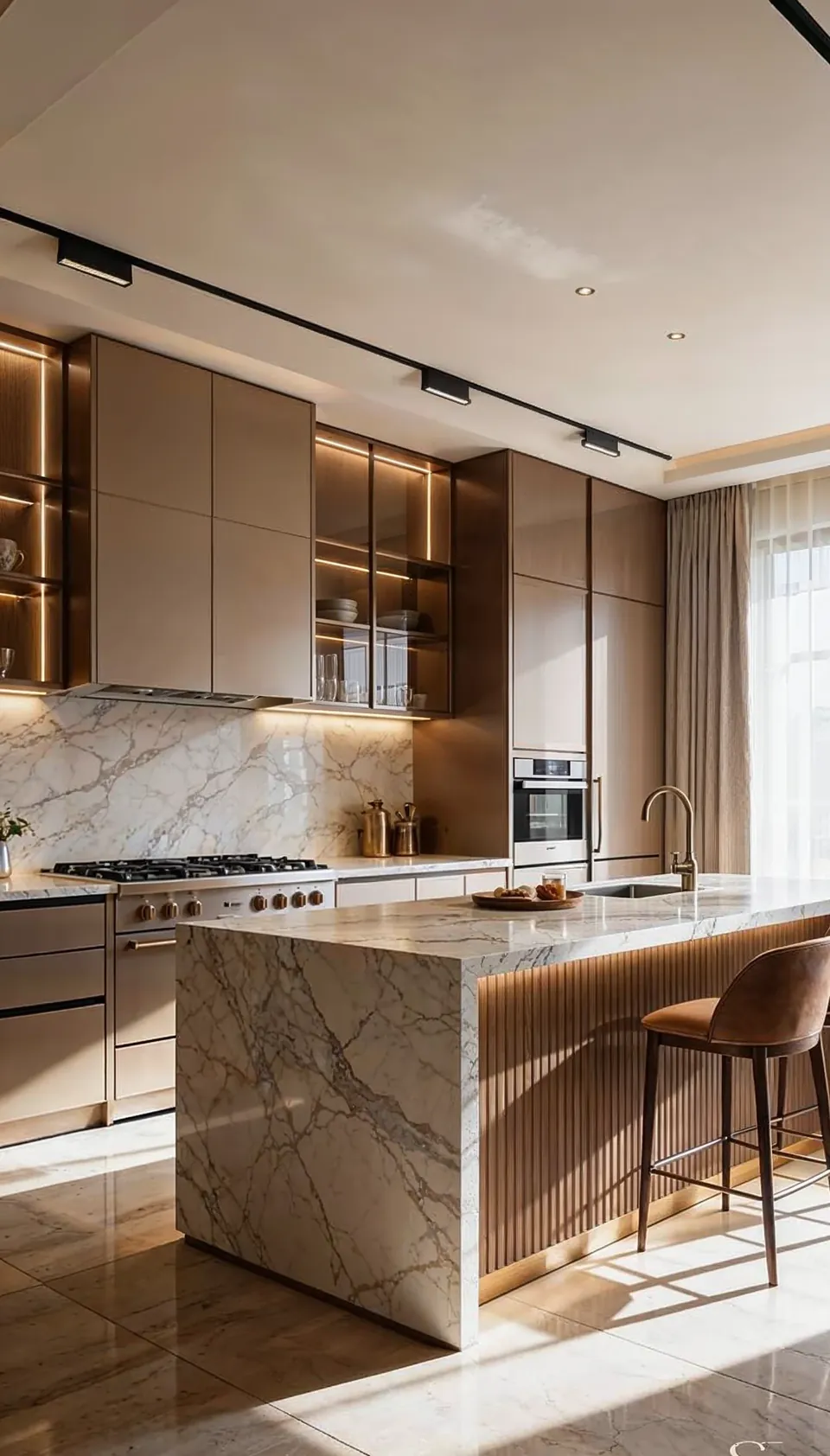 Emirates Hills Villa, Emirates Hills: kitchen with a waterfall marble-look island, tan bar stools and glass-fronted cabinets.