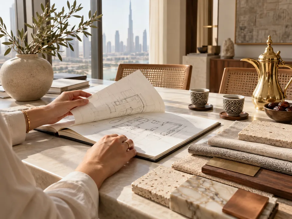 Sketchbook floor plan, material samples and Arabic coffee on a designer’s table