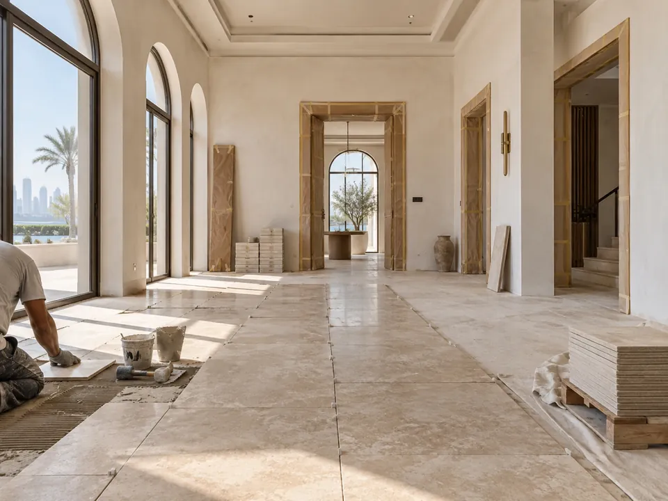 Villa hallway mid-renovation with new stone floor being laid