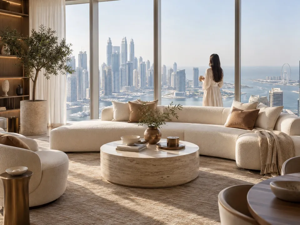 High-rise apartment living room overlooking Dubai Marina