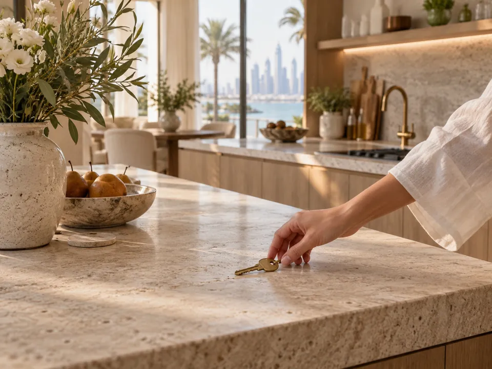 A key placed on a stone island in a finished villa kitchen