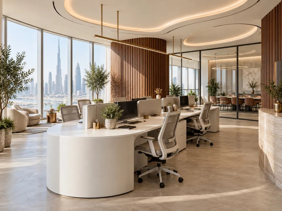 Bright contemporary office with curved desks and city views