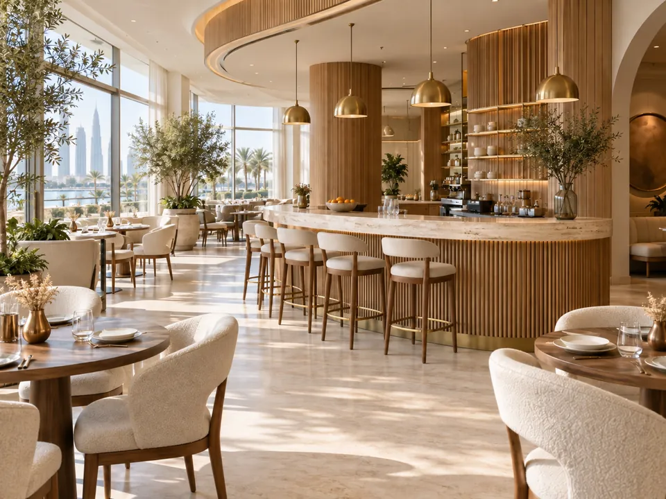Café-restaurant interior with a curved stone bar and brass pendants