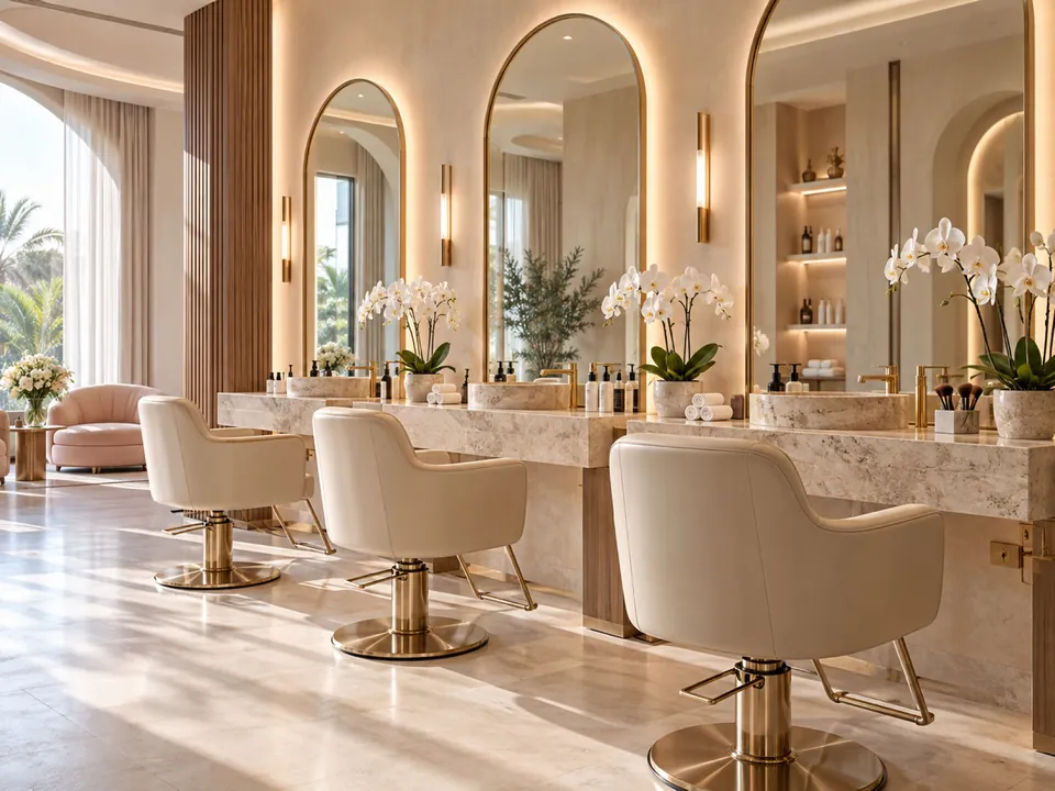 Salon interior with arched mirrors and cream styling chairs