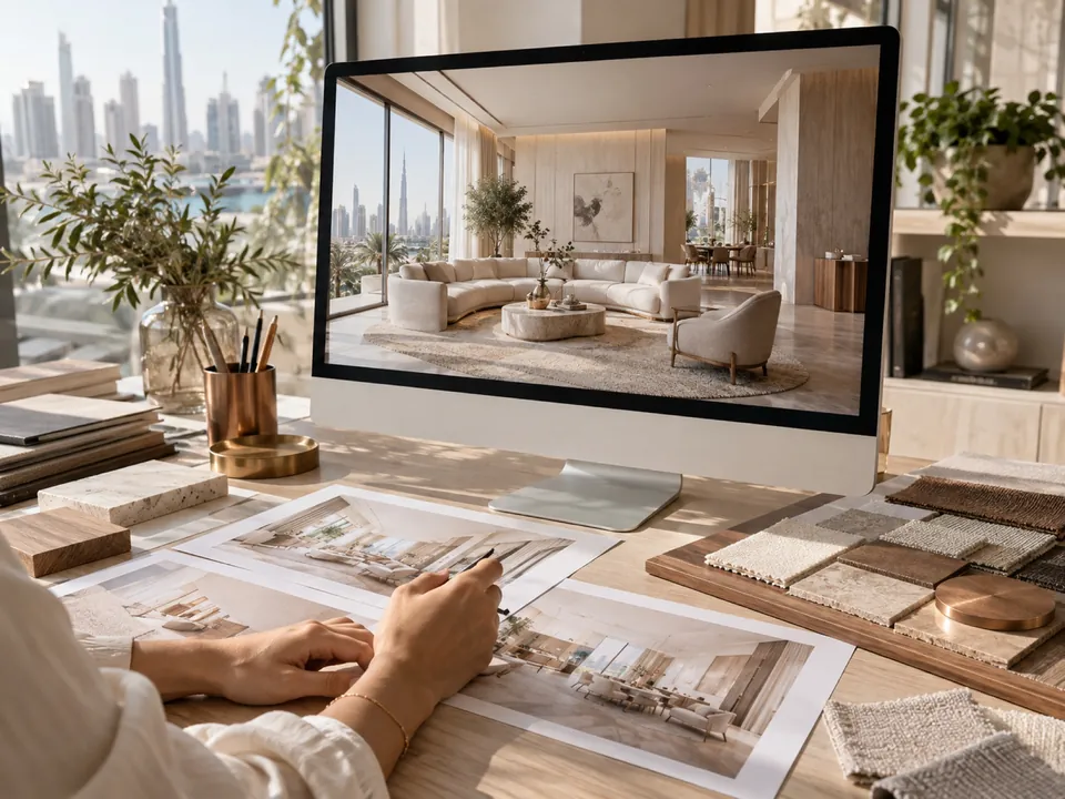 A 3D interior render on screen beside printed renders and samples