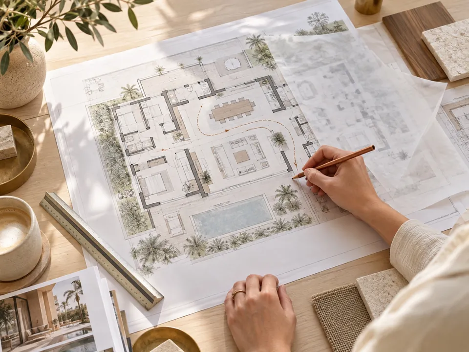 Hand drawing on a villa floor plan with a scale ruler