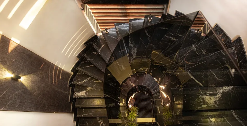 Looking down a spiral staircase with black marble-look treads and a plant at its base.