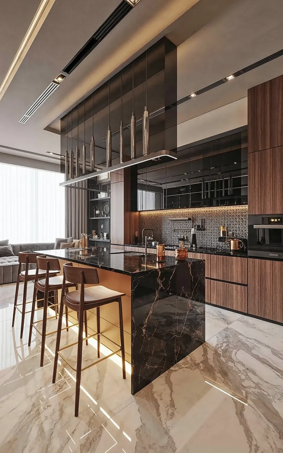 3D render for Jumeirah Villa 23, Jumeirah: kitchen with a black marble-look island, wooden bar stools and linear pendant lights.