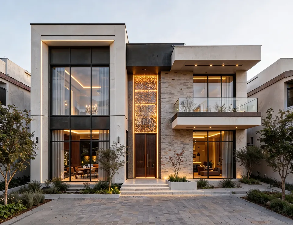 3D render for Jumeirah Villa 23, Jumeirah: modern two-storey villa at dusk with tall glazing, a lit screen panel and paved driveway.