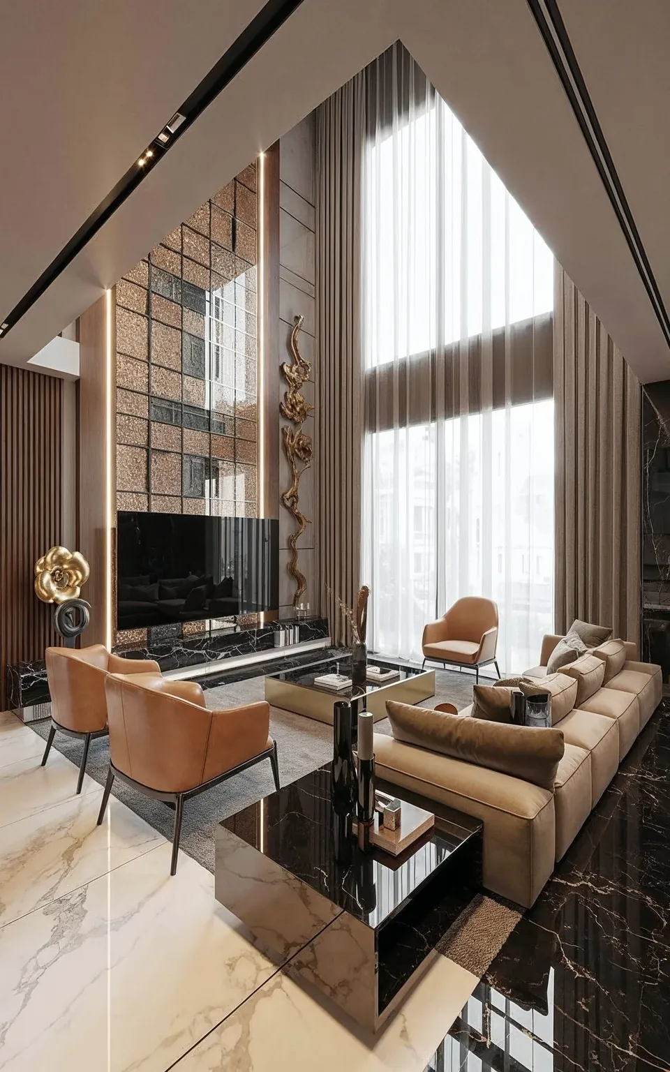 3D render for Jumeirah Villa 23, Jumeirah: double-height living room with sheer curtains, tan leather chairs and a black table.