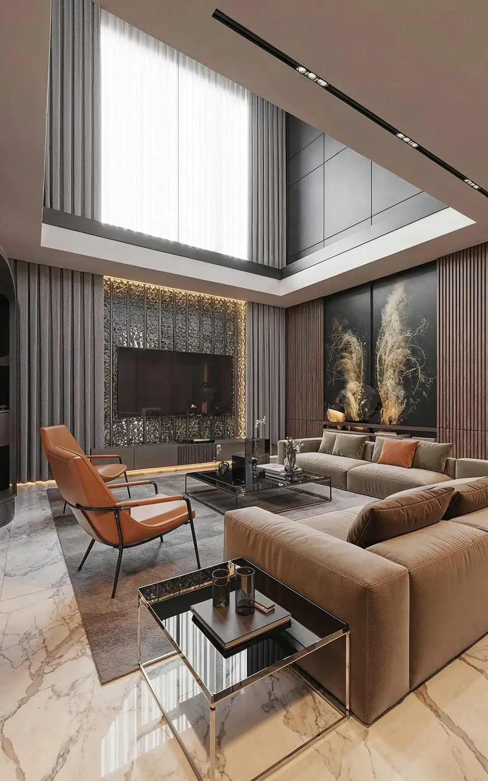 3D render for Jumeirah Villa 23, Jumeirah: double-height living room with a taupe sectional, tan armchair and marble-look floor.