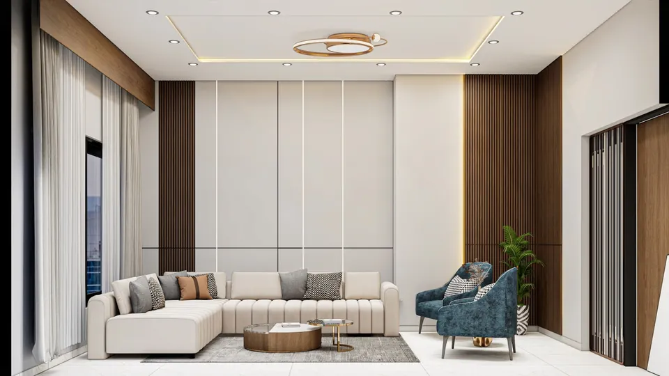Living room with a cream L-shaped sofa, blue armchair, wood slat panels and a gold ring ceiling light.