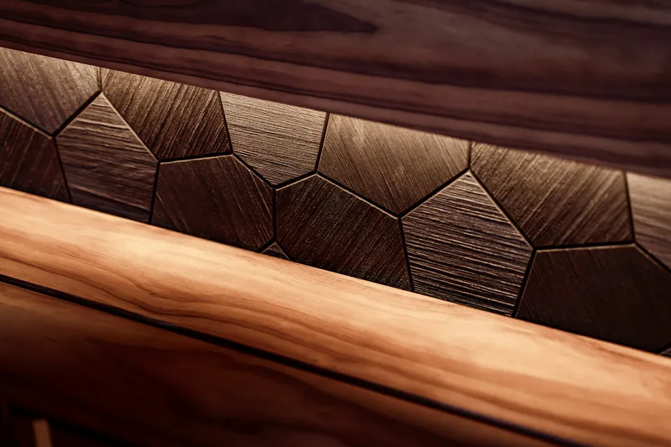 Close-up of a wood wall panel with a faceted geometric inlay above a polished wooden ledge.