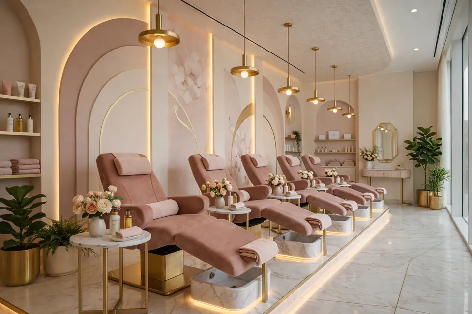 Luxury Salon, Dubai Marina: row of pink pedicure chairs on a lit platform with gold pendant lights and arched panels.