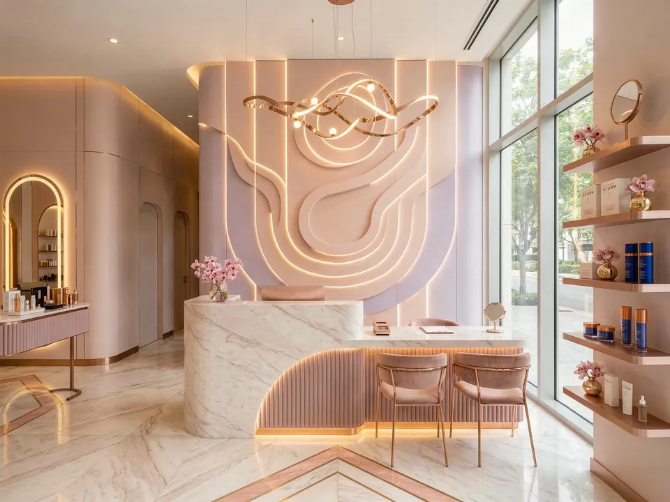 Luxury Salon, Dubai Marina: reception with a marble-look desk, sculpted pink feature wall with lit curves and shelving.