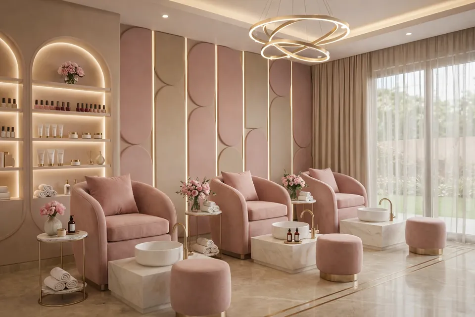 Luxury Salon, Dubai Marina: pedicure area with pink armchairs, footbaths, matching stools and lit arched shelves.