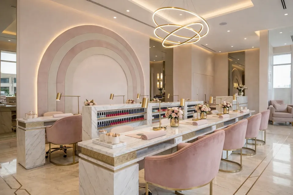 Luxury Salon, Dubai Marina: manicure bar with a marble-look counter, pink chairs, nail polish displays and a pink arch.