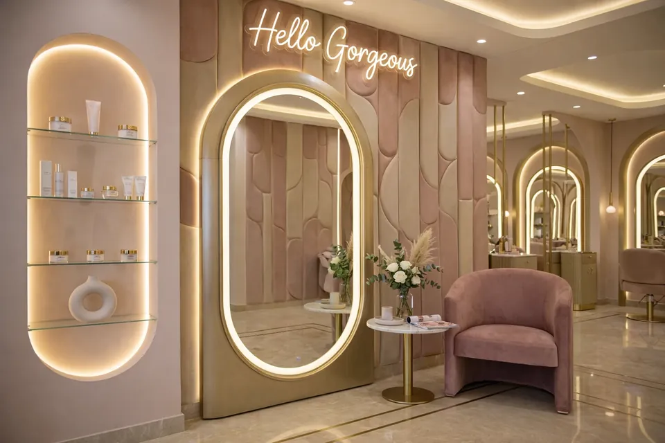 Luxury Salon, Dubai Marina: backlit oval mirror, pink armchair and a Hello Gorgeous neon sign on a pink panelled wall.