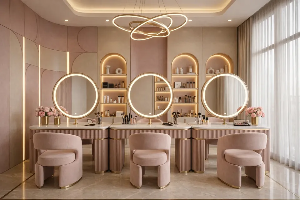 Luxury Salon, Dubai Marina: three round lit mirrors over a vanity counter with pink chairs and arched product niches.