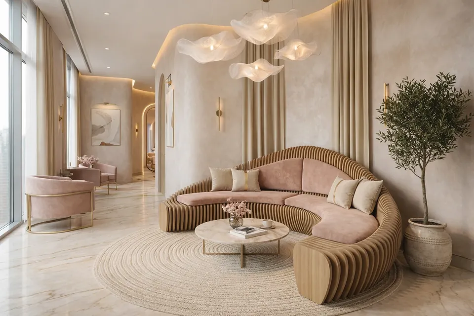 Luxury Salon, Dubai Marina: waiting lounge with a curved pink and wood slat sofa, round rug and cloud-like pendants.