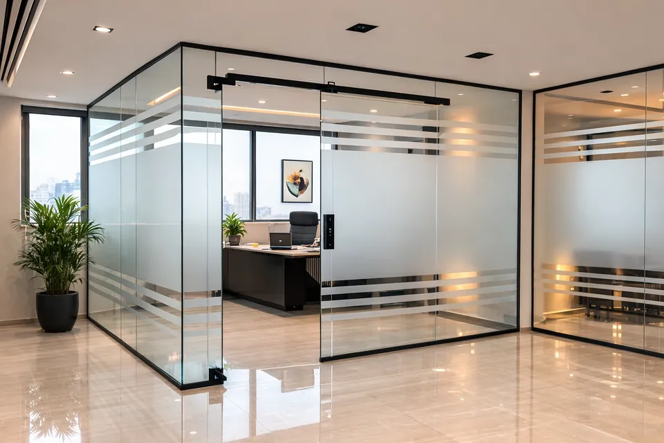 MK Pay, Al Rigga: glass-walled private office with frosted stripes, a dark desk and a potted plant outside.