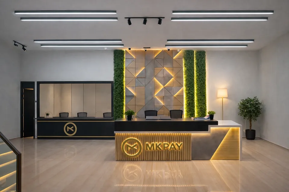 MK Pay, Al Rigga: reception with a lit MKPAY desk, geometric grey feature wall, green plant panels and linear lights.