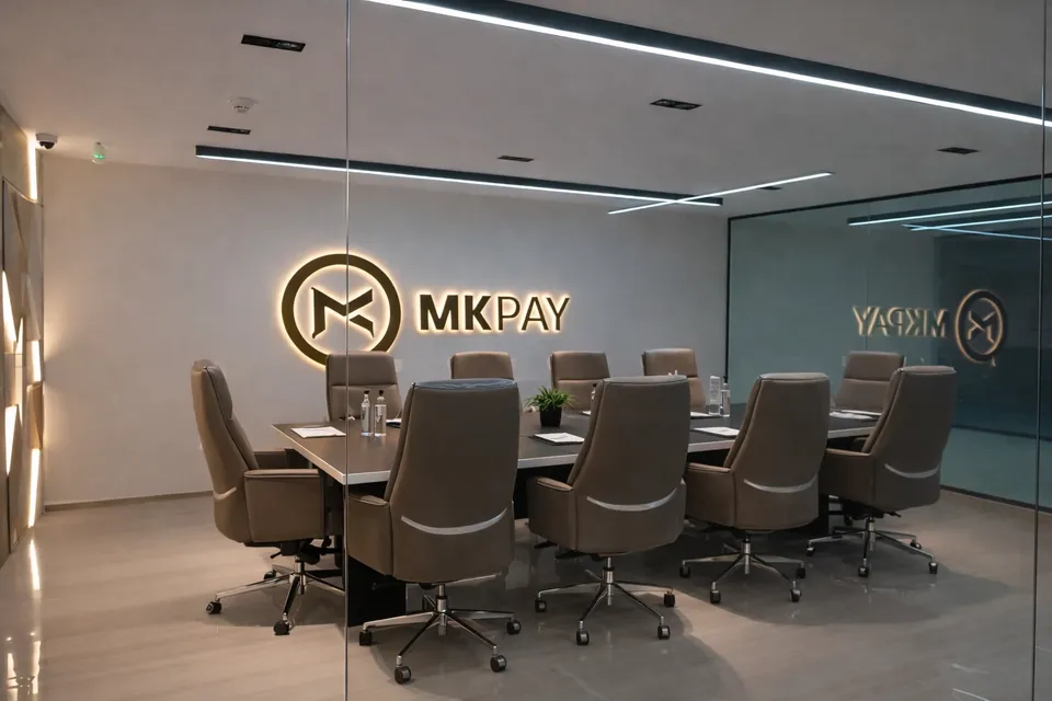 MK Pay, Al Rigga: glass meeting room with a long table, grey executive chairs and a backlit MKPAY wall sign.