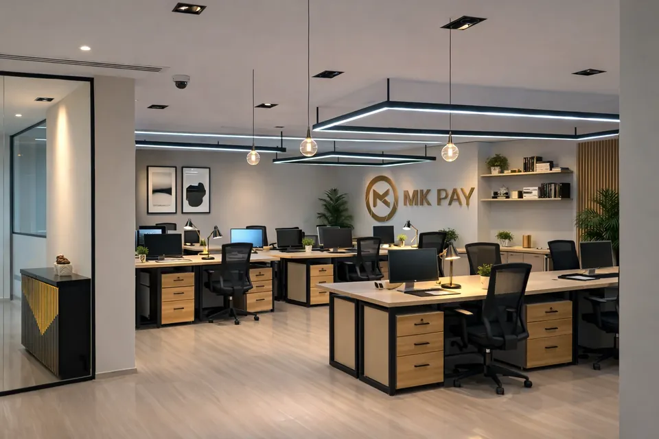 MK Pay, Al Rigga: open-plan office with wood and black desks, mesh chairs, pendant lights and an MK PAY sign.