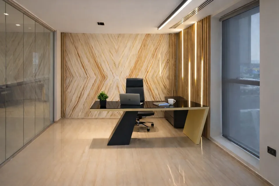 MK Pay, Al Rigga: private office with a black and gold angular desk, chevron wood-look wall and lit wood slats.