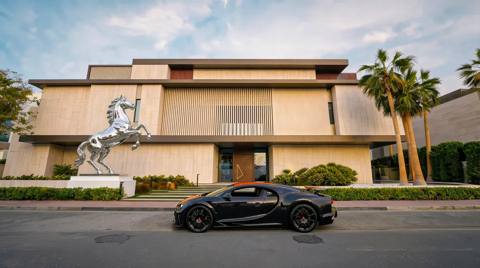 Palm Jumeirah Villa, Palm Jumeirah: villa facade with palm trees, a silver rearing horse sculpture and a black sports car.