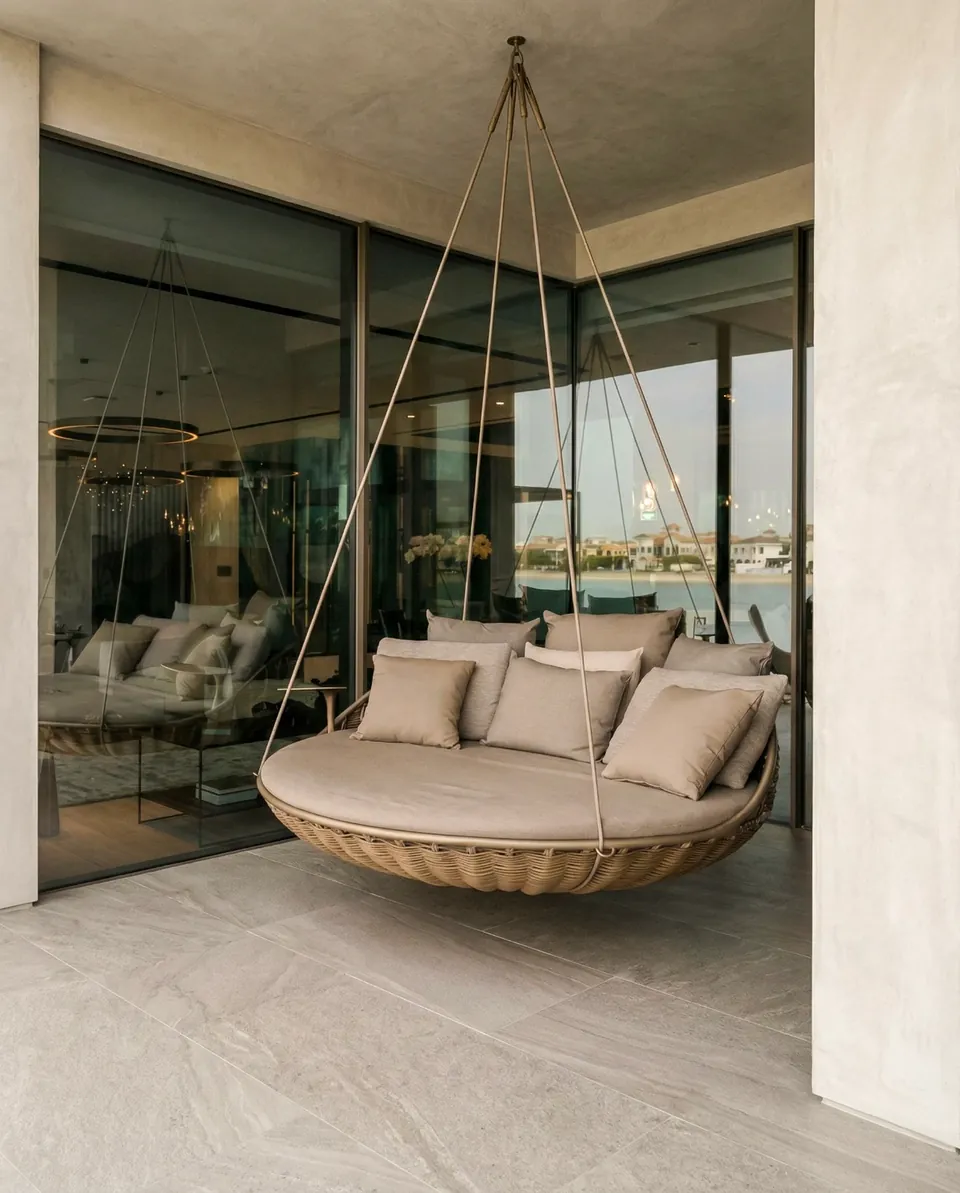 Palm Jumeirah Villa, Palm Jumeirah: round woven hanging daybed with beige cushions on a terrace outside glass walls.