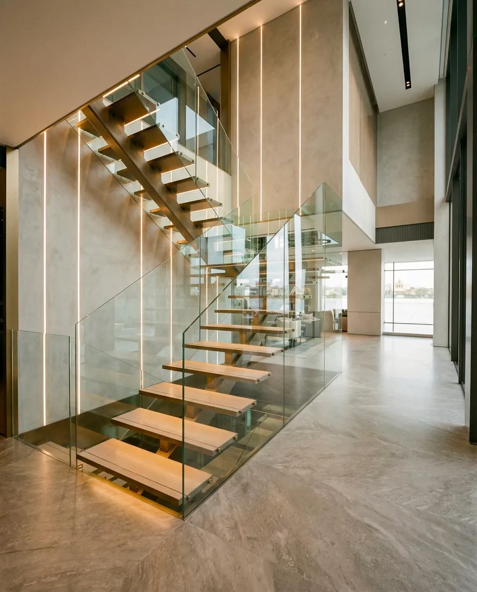 Palm Jumeirah Villa, Palm Jumeirah: floating staircase with lit wood-tone treads and a glass balustrade.