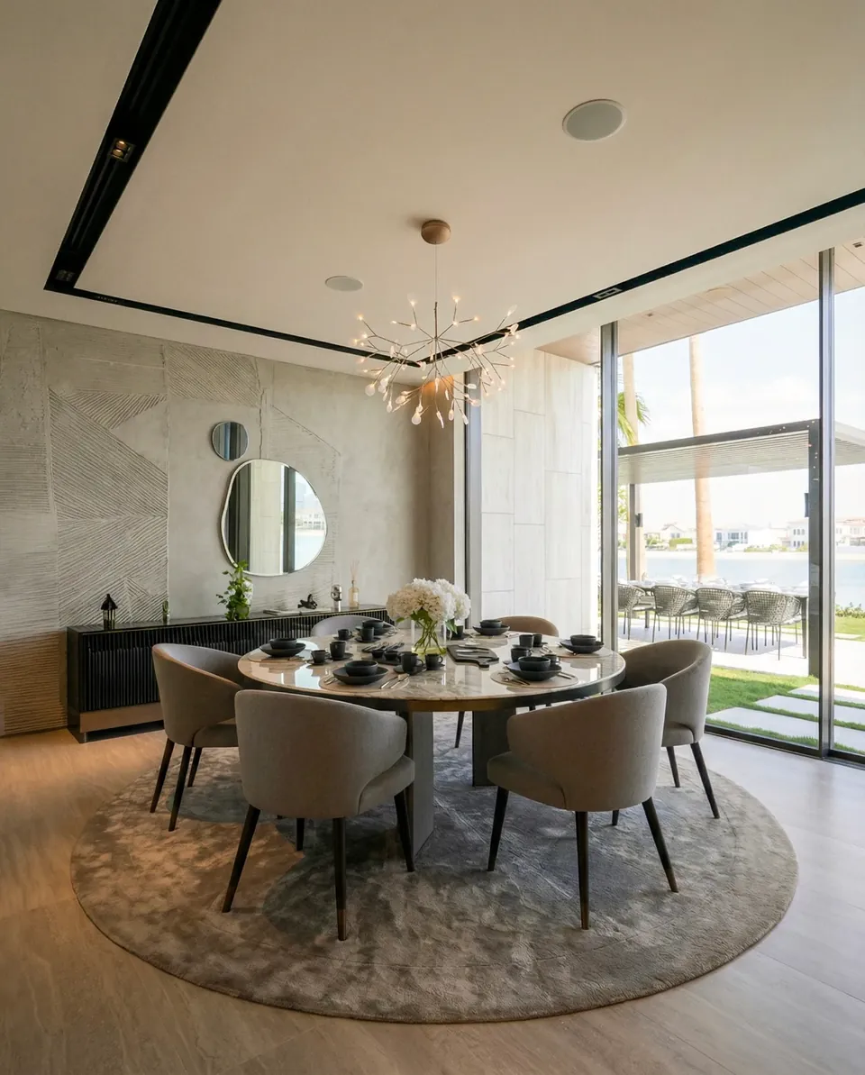 Palm Jumeirah Villa, Palm Jumeirah: round dining table with grey chairs on a circular rug, branch chandelier and garden view.