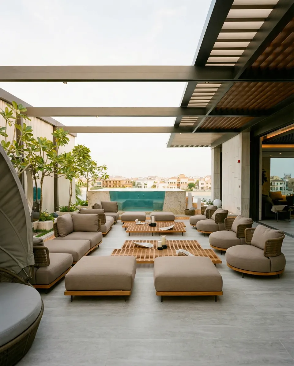 Palm Jumeirah Villa, Palm Jumeirah: shaded terrace with taupe outdoor sofas, slatted wood tables and a pool beyond.