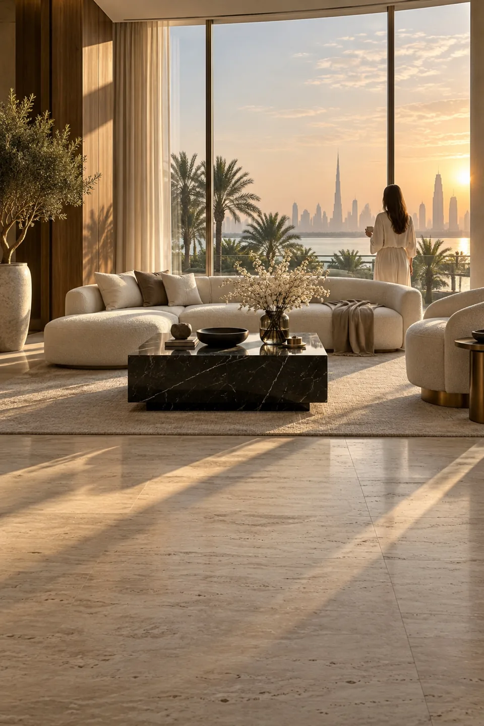 Sunlit living room with a cream sofa, black marble coffee table and a woman seen from behind at the windows.