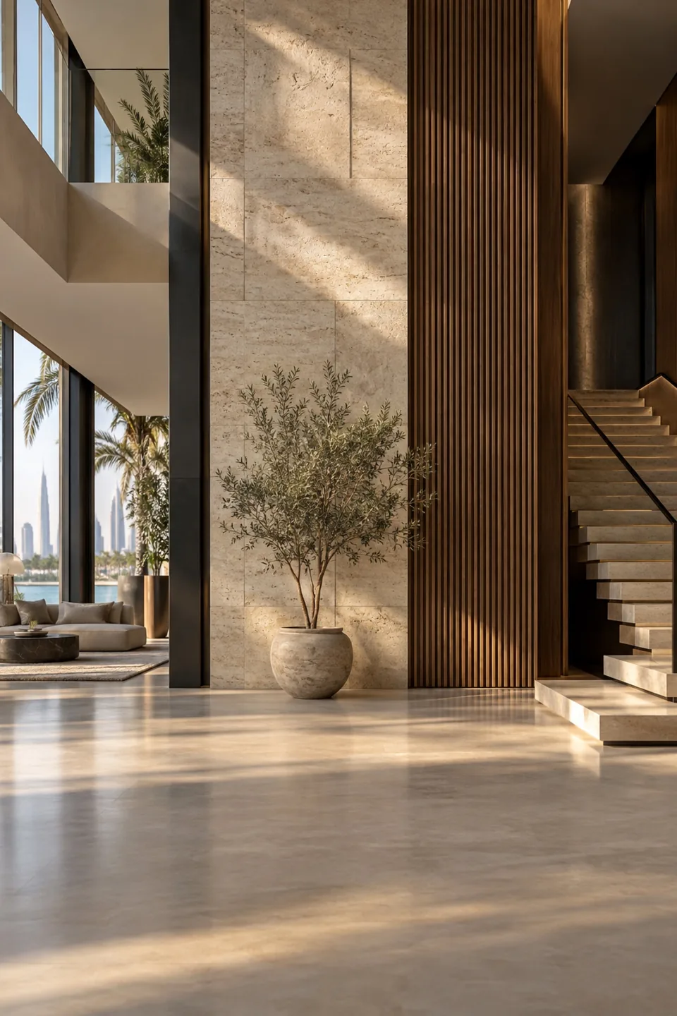Double-height limestone wall beside a walnut slatted screen, dark steel beam and stone staircase.