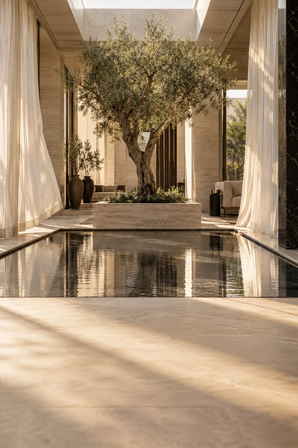 Olive tree in a stone planter beside a reflecting pool beneath a villa skylight.