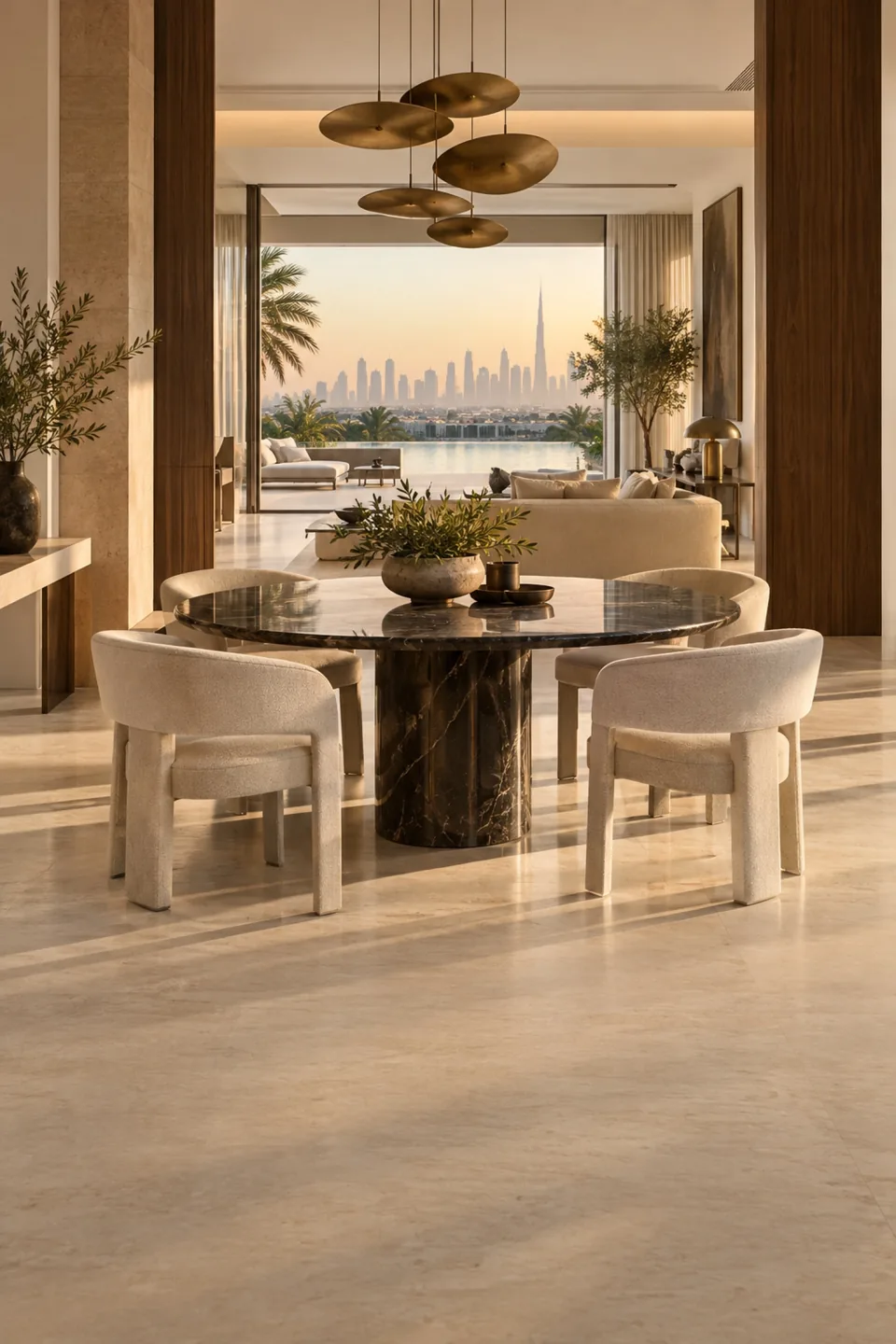 Round dark marble dining table with cream chairs and a view through the living room to a terrace.