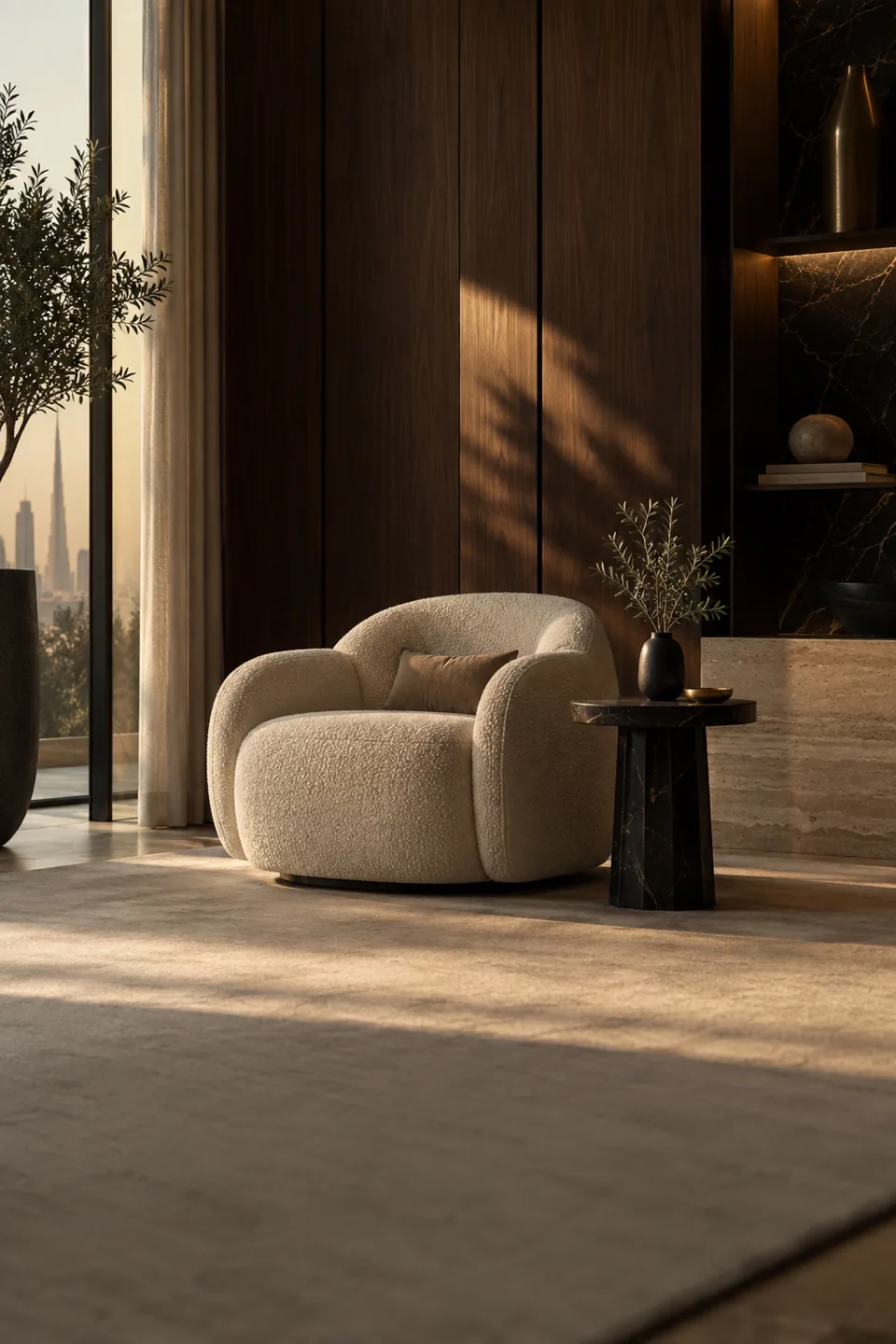 Cream bouclé armchair and black side table against dark walnut panelling in warm shadows.