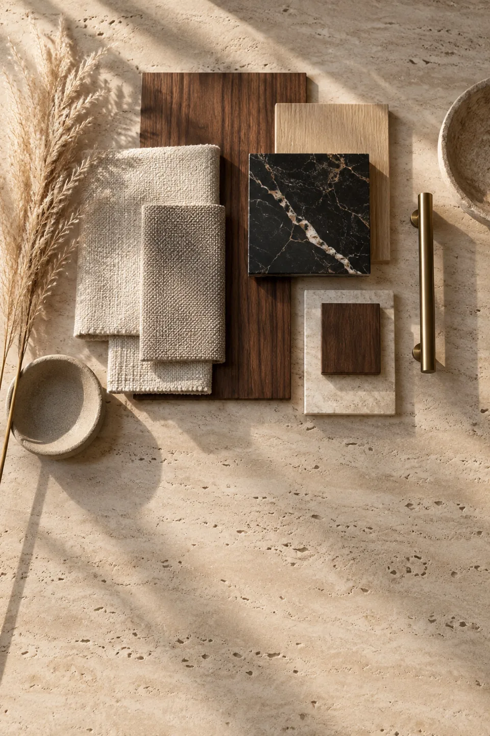 Fabric, timber, marble and brass samples arranged on a travertine tabletop.