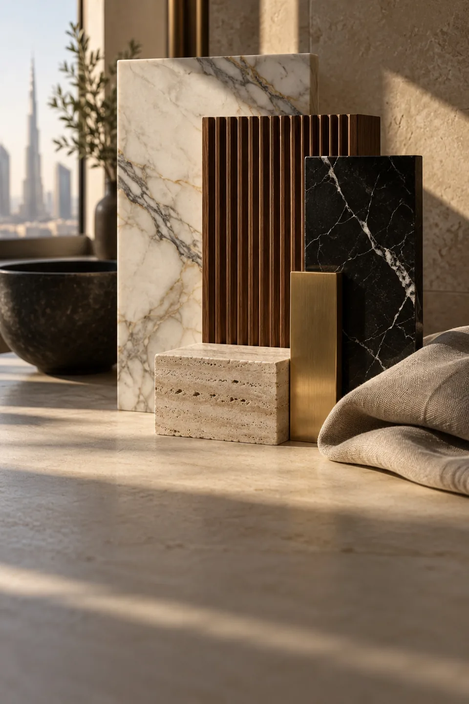 Marble, fluted walnut, travertine, brass and linen samples in warm side light.